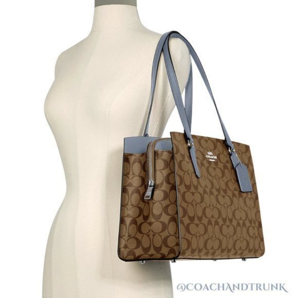 AUTHENTIC COACH Tatum Carryall In Signature Canvas Khaki and Marble Blue - Picture 7 of 9